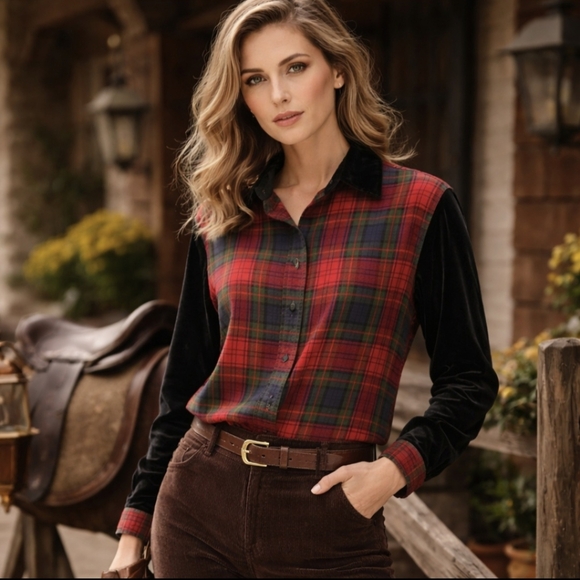 Talbots Tops - Talbots Top Red Green Tartan Plaid Shirt Velvet Collar Sleeves Petites Large